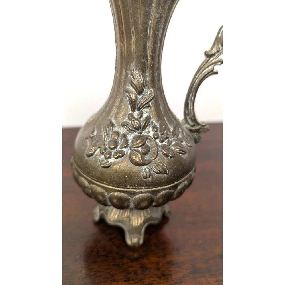 Vintage Italian Ornate Ewer Vase Floral Relief Rococo Victorian Style Brass 7